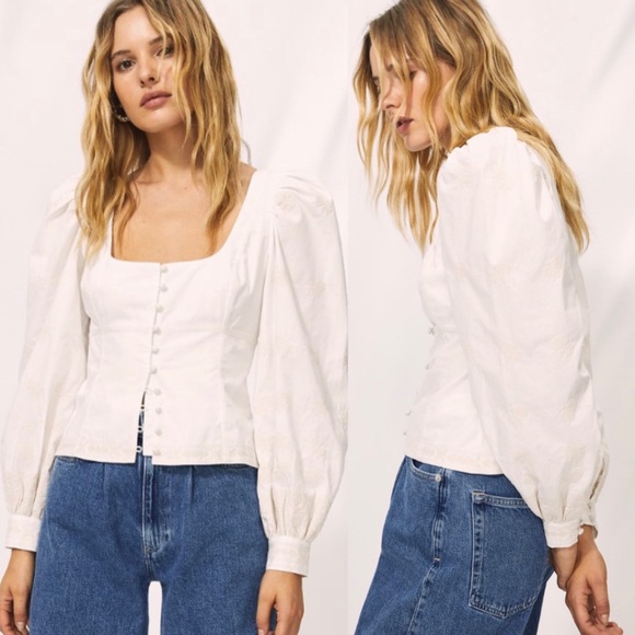 Aritzia Wilfred Pink Button-Up Puff Sleeves Boho Preppy cotton Blouse Sz XS - Picture 2 of 13